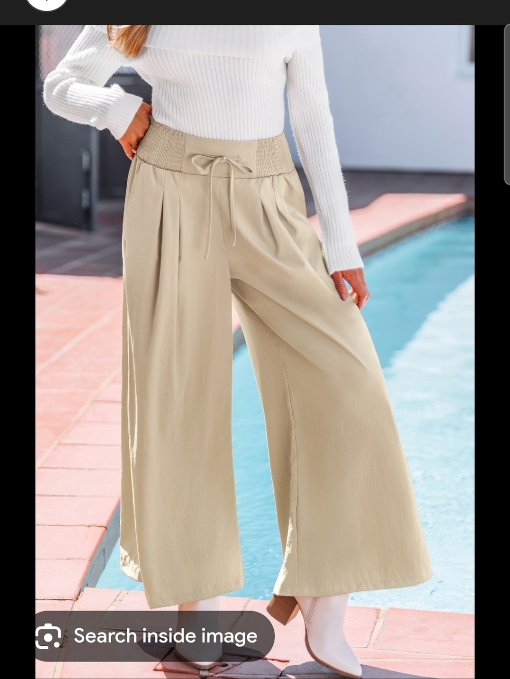 Wide Leg Drawstring Palazzo Pants in Light Khaki Small